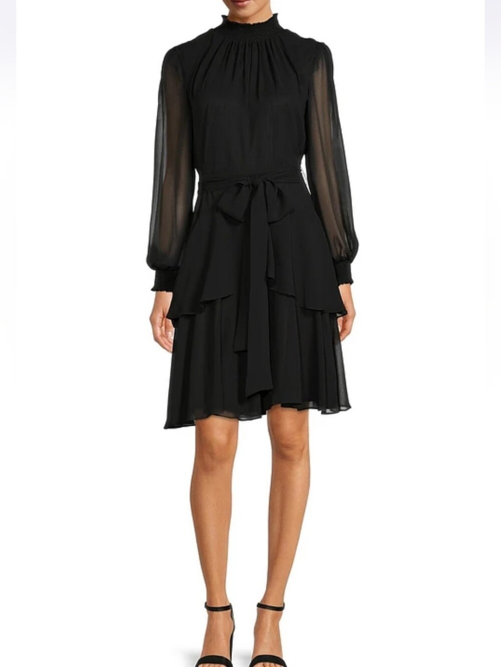 Womens Black Chiffon Tiered Mock Neck Split Sleeve Dress Rosalia By Alex Marie - Picture 7 of 15